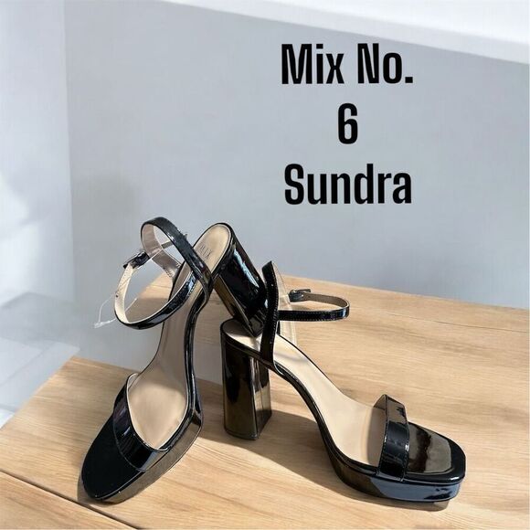 Mix No. 6 Sundra Black Faux Patent Leather Platform Ankle Strap Chunky Heel Shoe - Picture 1 of 8